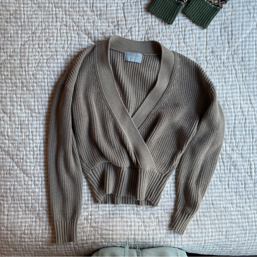 Modern Citizen Maren Cropped V-Neck faux wrap Sweater taupe brown